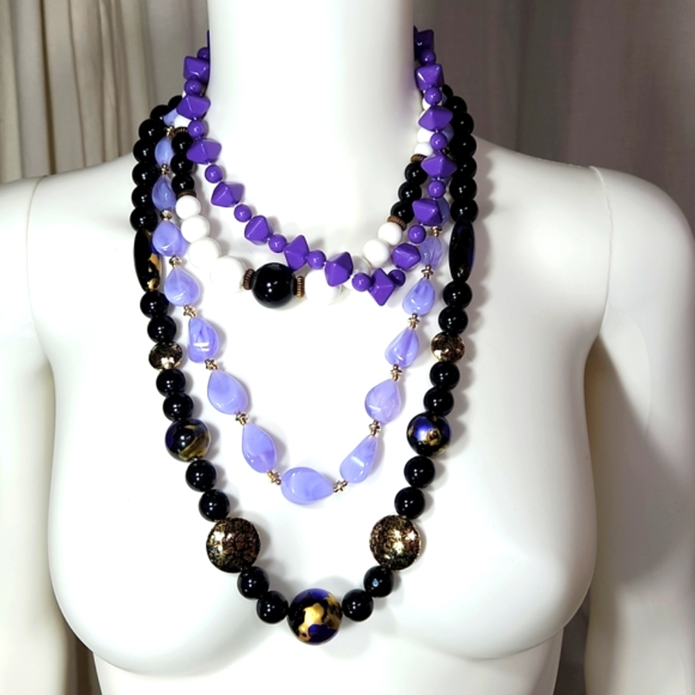 Vintage Lot of 4 Chunky Purple, Black, Gold Colored,  White Necklaces
